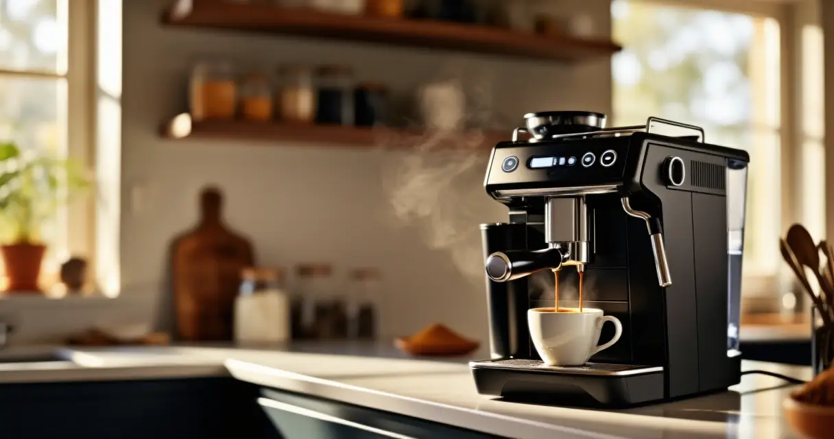 Espressokone kotona keittiön työtasolla valmistamassa tuoretta espressoa aamuauringossa