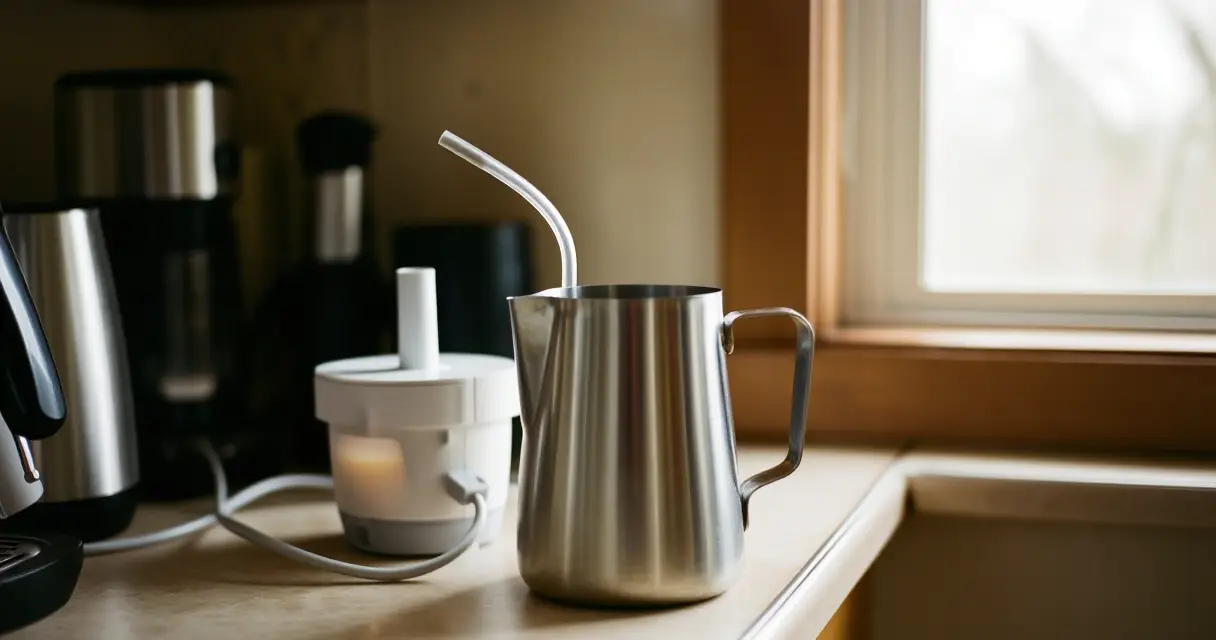 Maitokannun, sähköisen maidonvaahdottimen ja espressokoneen höyryputken sommitelma keittiötasolla